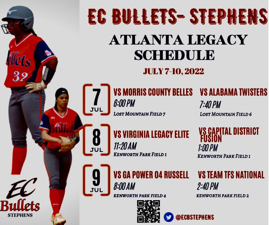 We are excited to be accepted into the coveted Atlanta Legacy Showcase. Here is our schedule!! <a href="/EastCobbBullets/">EC Bullets Fastpitch</a> <a href="/LegacyShowcase/">Legacy Showcase</a> @Los_Stuff <a href="/IHartFastpitch/">I❤️Fastpitch</a> <a href="/LegacyLegendsS1/">Legacy & Legends Softball</a> <a href="/ExtraInningSB/">EXTRA INNING SOFTBALL</a>