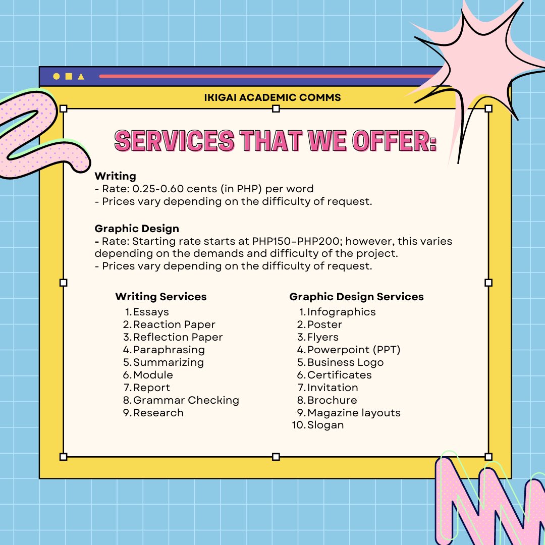 ikigaiacadcomms's tweet photo. In need of academic support? 🤔 Worry no more because we got you! ✊✨
Here at Ikigai ✍️, we will assure that you get high quality works with one of the lowest prices out there! 🤍
#academiccommissions
#AcademicCommissionsPH
#acadcomms https://t.co/IUbO2AHSjp