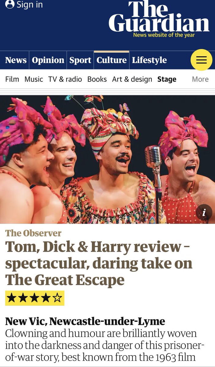The Observer giving <a href="/tomdickharryuk/">Tom Dick and Harry</a> another fabulous ⭐️⭐️⭐️⭐️ review!

One week left to catch us at the wonderful <a href="/NewVicTheatre/">New Vic Theatre</a> before we transform London’s beautiful  <a href="/Yourallypally/">Alexandra Palace</a> into the round (for the first time ever) from 26th July!