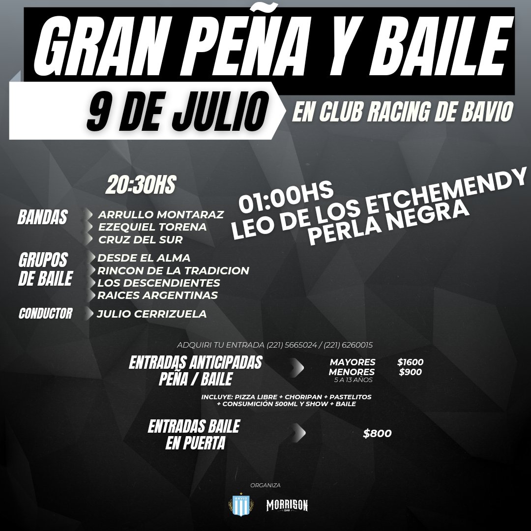 Podés adiquirir tu entrada anticipada en la secretaría del Club Racing de Bavio, en Morrison Bar o en Magdalena en Manene Computación
