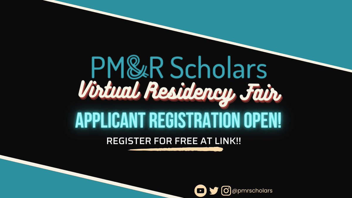 PM&R Scholars (@pmrscholars) on Twitter photo 📢APPLICANT REGISTRATION OPEN 🚨
Interested in #Physiatry? Now is the time to jump in to the 2022 PM&R Scholars Virtual Residency Fair!
VRF Sessions will occur through the summer!
Register here: tinyurl.com/5a6zrnmf
Questions? Email vrf.pmrscholars@gmail.com! 📢APPLICANT REGISTRATION OPEN 🚨
Interested in #Physiatry? Now is the time to jump in to the 2022 PM&R Scholars Virtual Residency Fair!
VRF Sessions will occur through the summer!
Register here: tinyurl.com/5a6zrnmf
Questions? Email vrf.pmrscholars@gmail.com!