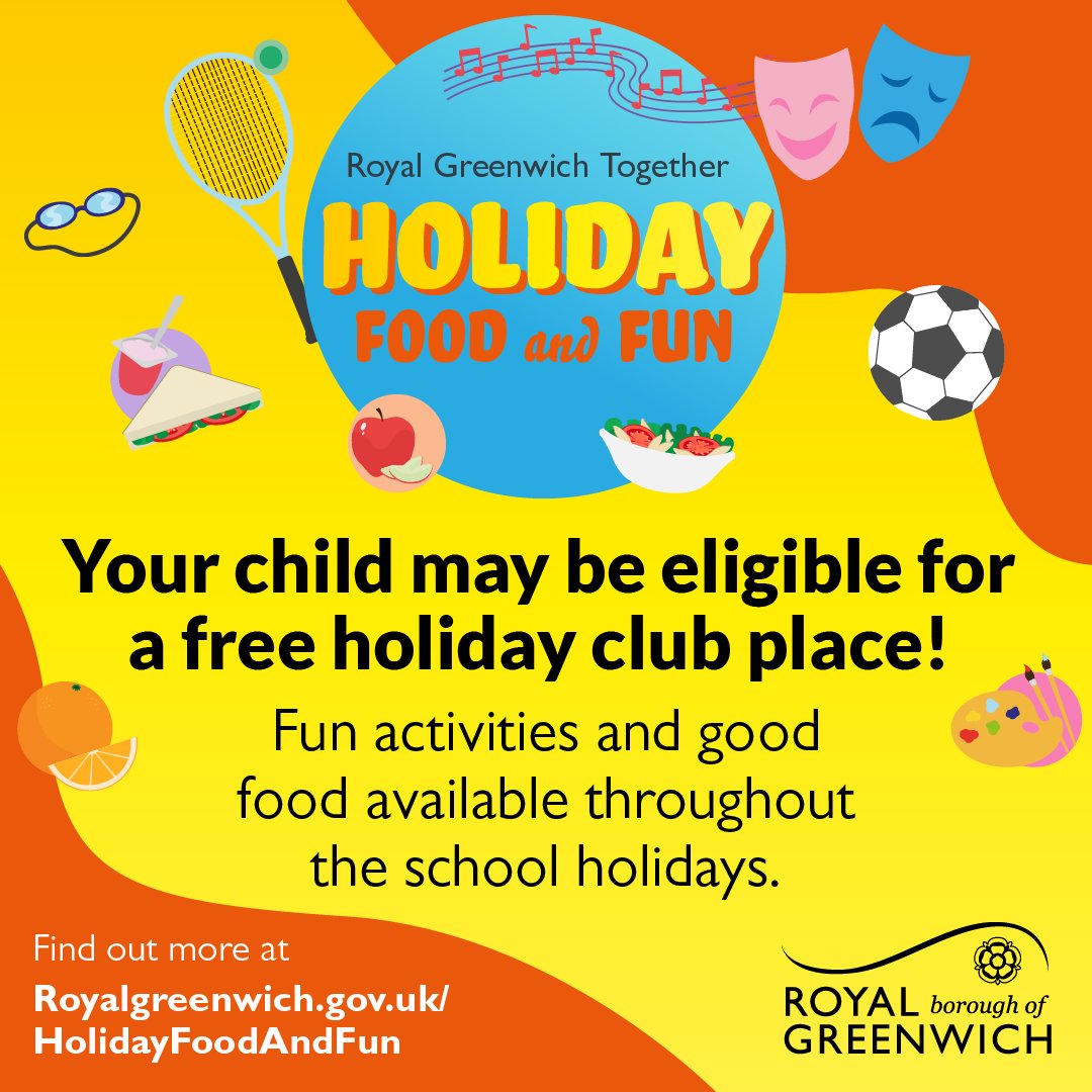 Summer is around the corner, what have you got planned?🌞
 
Children who usually receive free school meals can get a free holiday club place through Holiday Food and Fun! ⚽️🎭🎨

We can’t guarantee sunshine, but we can guarantee good times! 🙌#HAF2022

royalgreenwich.gov.uk/holidayfoodand…
