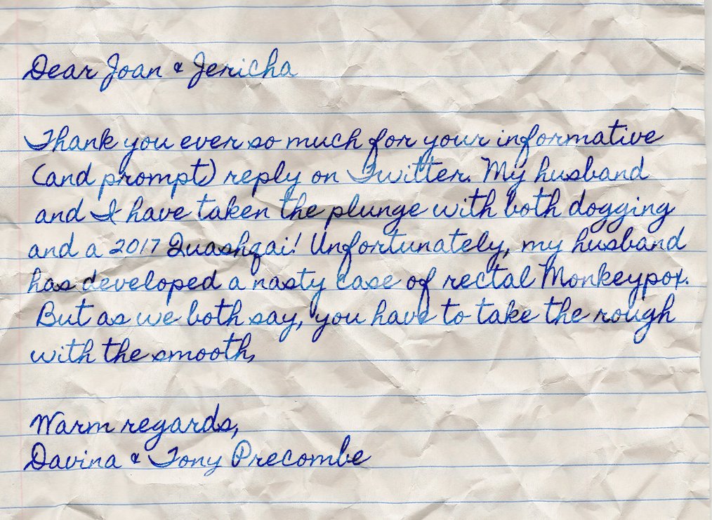 Well, what a happy ending to this story! Except for the rectal monkeypox, that is. Mahmood suggests wrapping a dildo in sandpaper and giving your husband's back passage a good go-over. Just ignore the bleeding, he says. In the meantime, we'll keep an eye out for your Qashqai! 😉