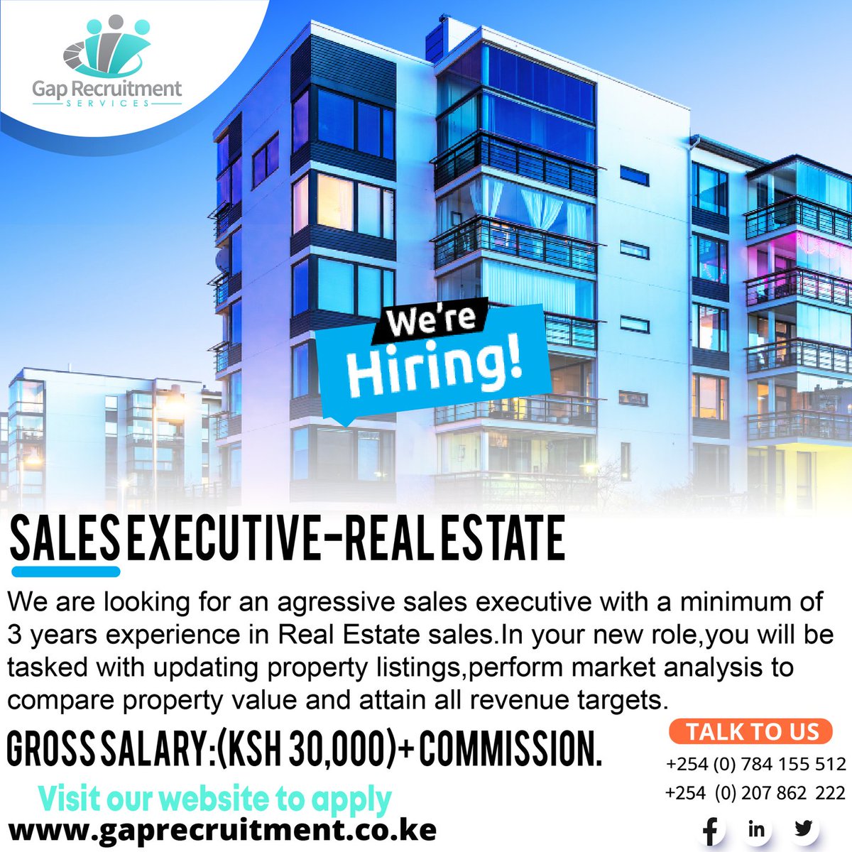 Are you a competent Real Estate sales executive with atleast 3 years of work experience?We have an open opportunity for You and your connections!
Apply or refer someone by clicking here:careers-page.com/gaprecruitment…
 #ikokazi #ikokazike #salesexecutivejobs #jobseekers