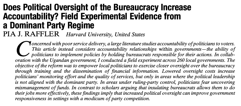 Excited to share my new paper in <a href="/apsrjournal/">American Political Science Review</a>. I show that giving local politicians greater oversight capacity over the bureaucracy improves service delivery – in local gov’ts not aligned with a dominant ruling party

cambridge.org/core/journals/… 
Ungated: piaraffler.com/raffler_politi… 🧵