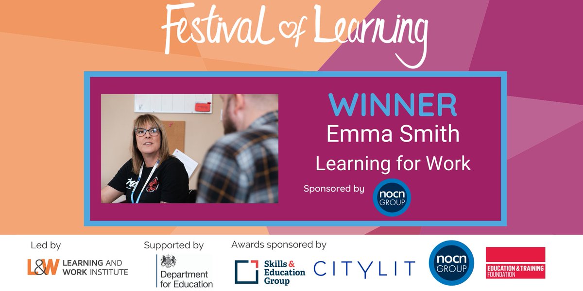 This year, Emma Smith has won our Learning for Work Award. Read more about Emma's incredible story here #folawards #festivaloflearning2022

Huge congratulations to Emma 👏👏👏

festivaloflearning.org.uk/award-winners/…