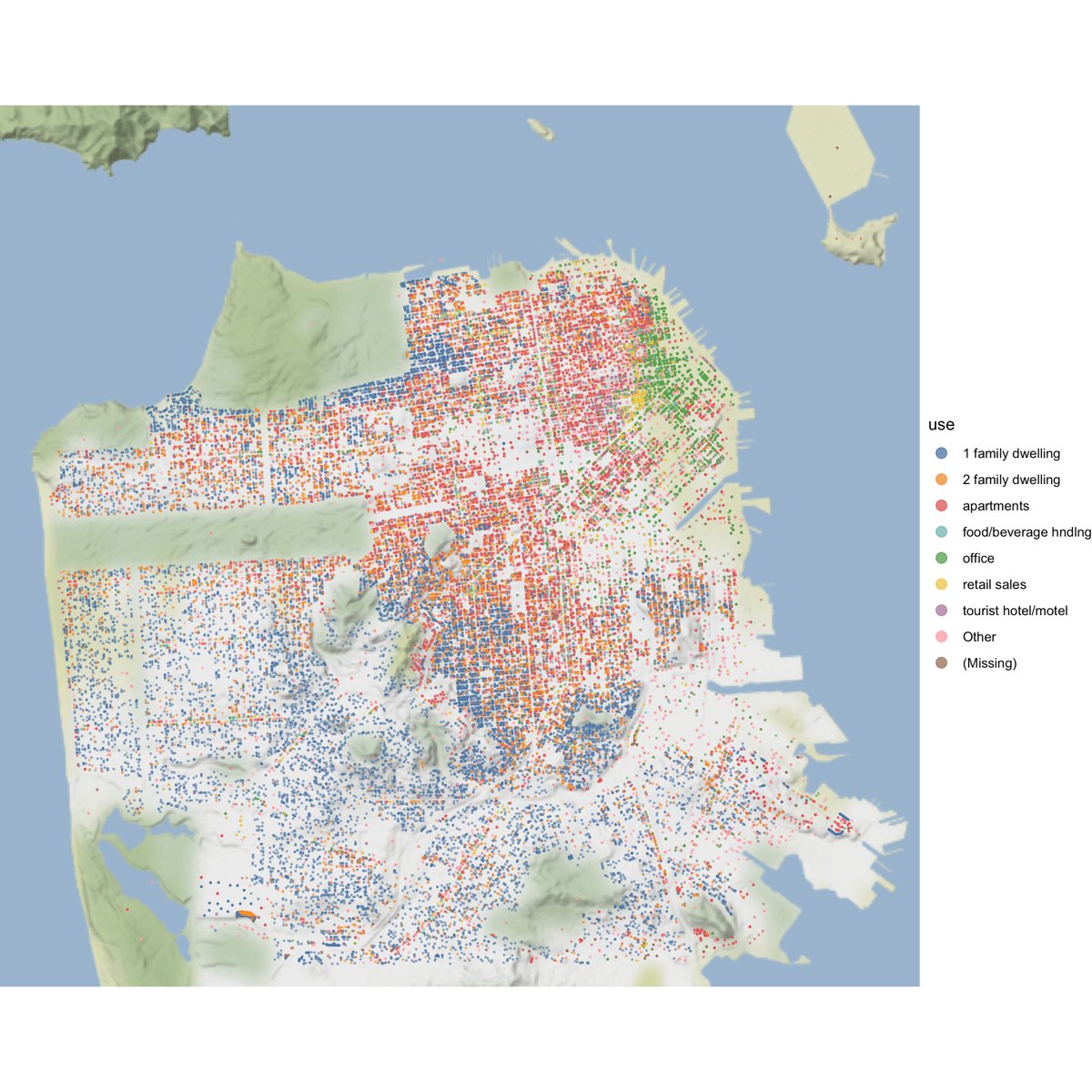JustTheSpring's tweet image. #Tidytuesday first look at permit locations in SF, by proposed building type. Neat data set, lots to look at. gist.github.com/jonspring/49c1…