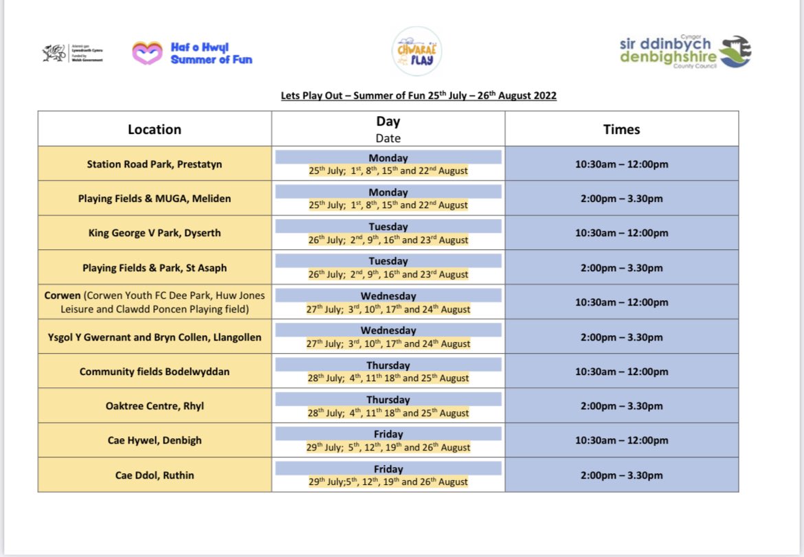 Our ‘let’s play out’ summer session timetable.
Booking links to follow shortly….