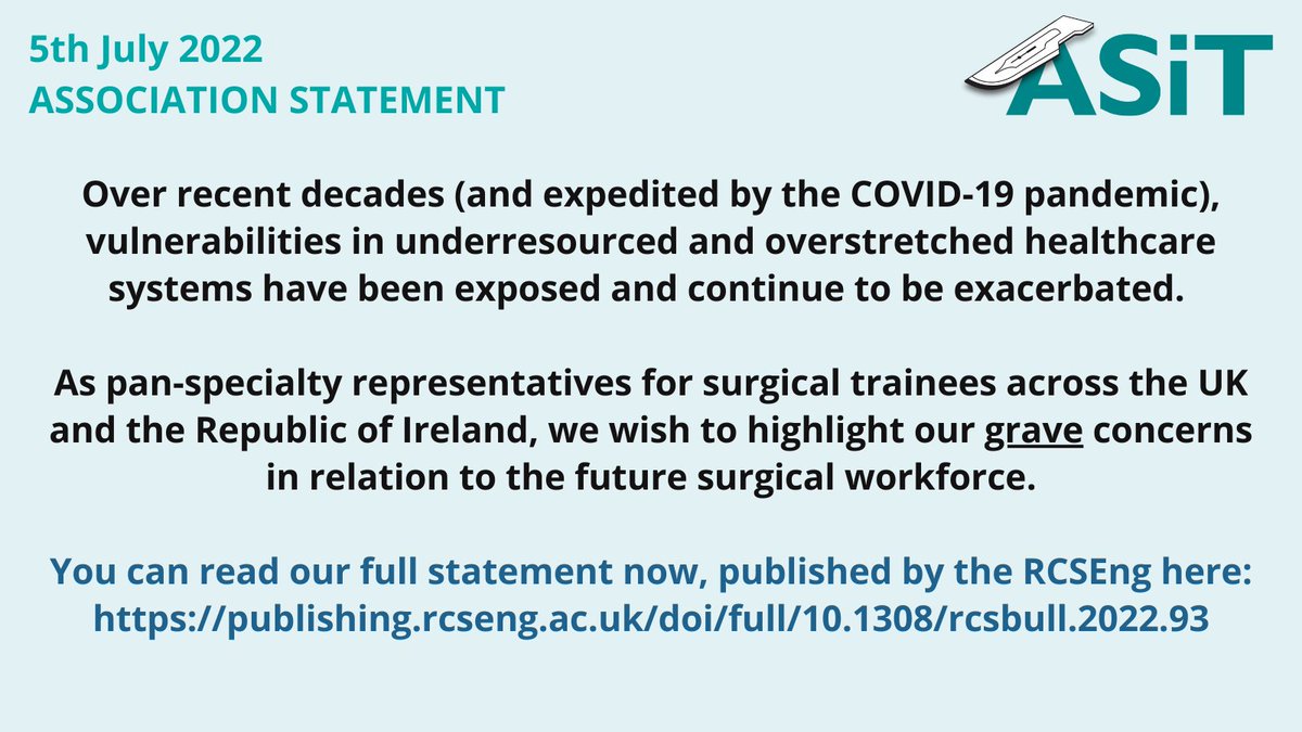 ASiT (@asitofficial) on Twitter photo ASiT and the trainee associations provide an urgent call to action to protect the future surgical workforce.
Read our full published statement now: publishing.rcseng.ac.uk/doi/full/10.13…
Will you join us? <a href="/RCSnews/">The Royal College of Surgeons of England</a> <a href="/RCSEdPolicy/">RCSEd Policy and Public Affairs</a> <a href="/RCSI_Irl/">RCSI</a> <a href="/rcpsglasgow/">Royal College of Physicians & Surgeons of Glasgow</a> <a href="/JCST_Surgery/">JCST</a> @NHS_HealthEdEng ASiT and the trainee associations provide an urgent call to action to protect the future surgical workforce.
Read our full published statement now: publishing.rcseng.ac.uk/doi/full/10.13…
Will you join us? <a href="/RCSnews/">The Royal College of Surgeons of England</a> <a href="/RCSEdPolicy/">RCSEd Policy and Public Affairs</a> <a href="/RCSI_Irl/">RCSI</a> <a href="/rcpsglasgow/">Royal College of Physicians & Surgeons of Glasgow</a> <a href="/JCST_Surgery/">JCST</a> @NHS_HealthEdEng