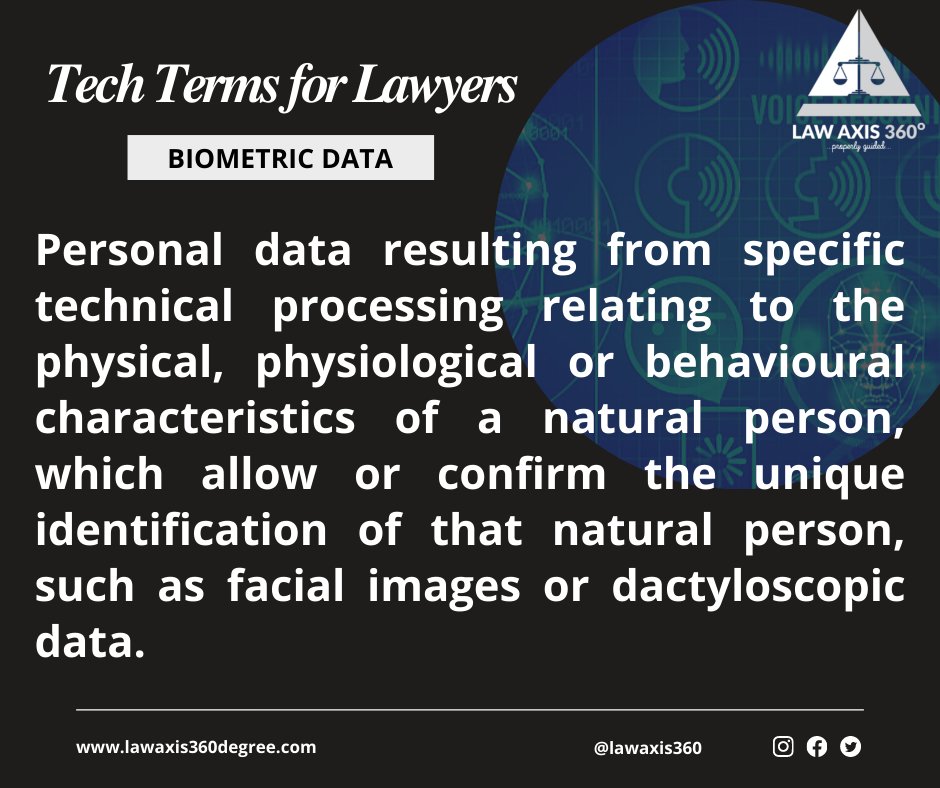 LawAxis360's tweet photo. This week on Tech Terms for Lawyers, we will be looking at the phrase Biometric Data.

See Flyer for meaning

#lawyerstyle #technology #appsecurity #cybersecurity #cybersecurityawareness #technicalanalysis #techtrends  #lawyering #legaltech20 #techtwitter https://t.co/10iLuW5Cht