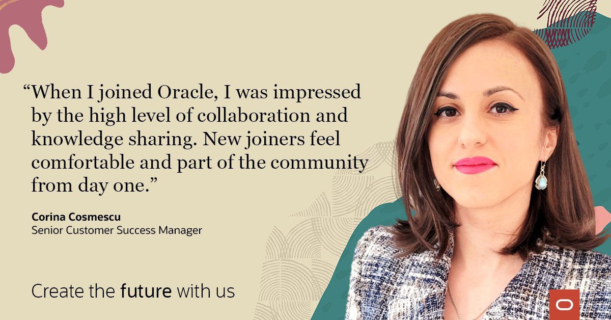OracleCareers's tweet photo. When asked about the culture in her team, Corina says: "Everyone is willing to support you, the ultimate goal being client and employee satisfaction." Join our #GenerationOracle program, and discover what you will achieve as a Customer Success Manager.  https://t.co/Ieimxe9Spx https://t.co/qzSOsyAApU