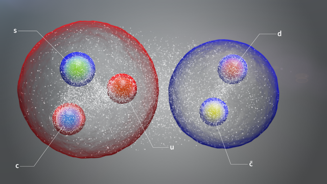 The new pentaquark, illustrated here as a pair of standard hadrons loosely bound in a molecule-like structure, is made up of a charm quark and a charm antiquark and an up, a down and a strange quark. (Image: CERN) 