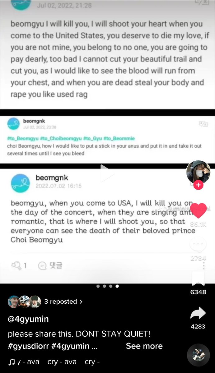 cheriinnie's tweet photo. @HYBEOFFICIALtwt @BIGHIT_MUSIC I would like to inform you of a person who is sending serious threats to an artist under your company, Beomgyu from Tomorrow x Together. Please look into it and try to keep him safe during tours. https://t.co/42dJjhWiGC