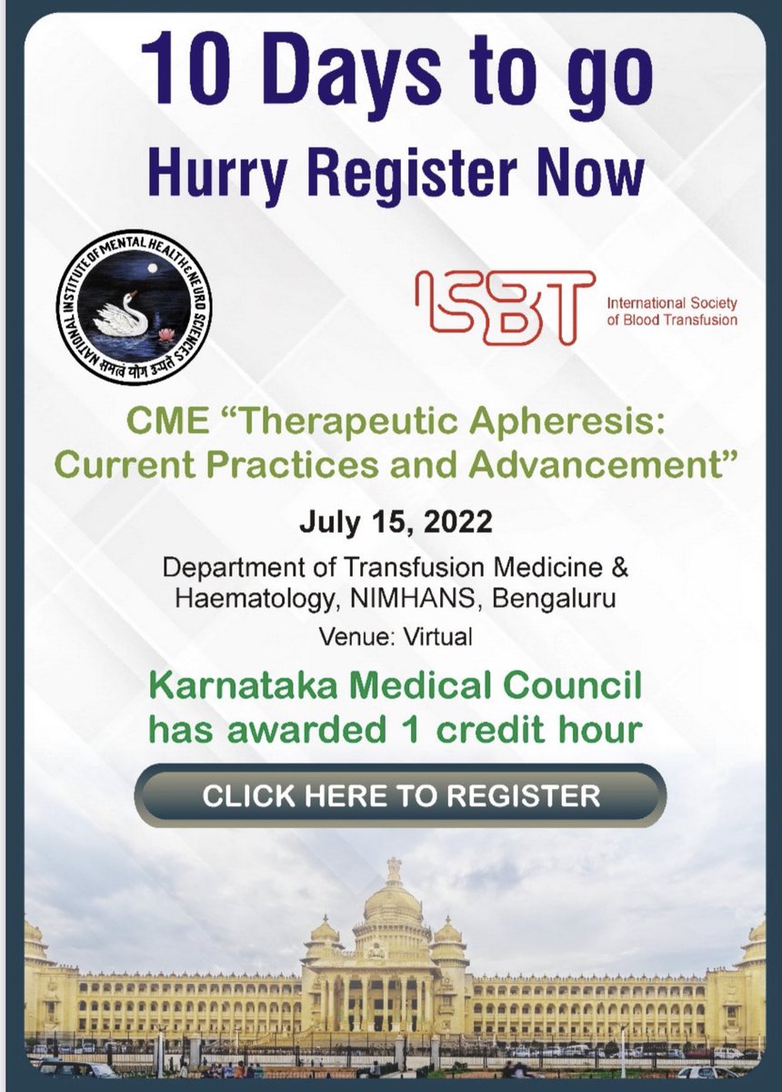 Countdown begins for academic feast. Please register at in.eregnow.com/ticketing/regi… <a href="/drgpatidar/">Dr.Gopal Patidar</a> <a href="/arorasatyam12/">Satyam Arora MD | CABP</a> <a href="/ShameeShastry/">Dr. Shamee Shastry 🇮🇳</a> <a href="/ISBTCO/">ISBT Central Office</a> <a href="/AABB/">AABB</a> <a href="/AATM_India/">AATM-International</a> <a href="/istmindia/">ISTM</a> <a href="/jindalaikaj/">Aikaj Jindal MD MBA</a> <a href="/dhawan_hari/">Hari Krishan Dhawan</a> @isbti_org