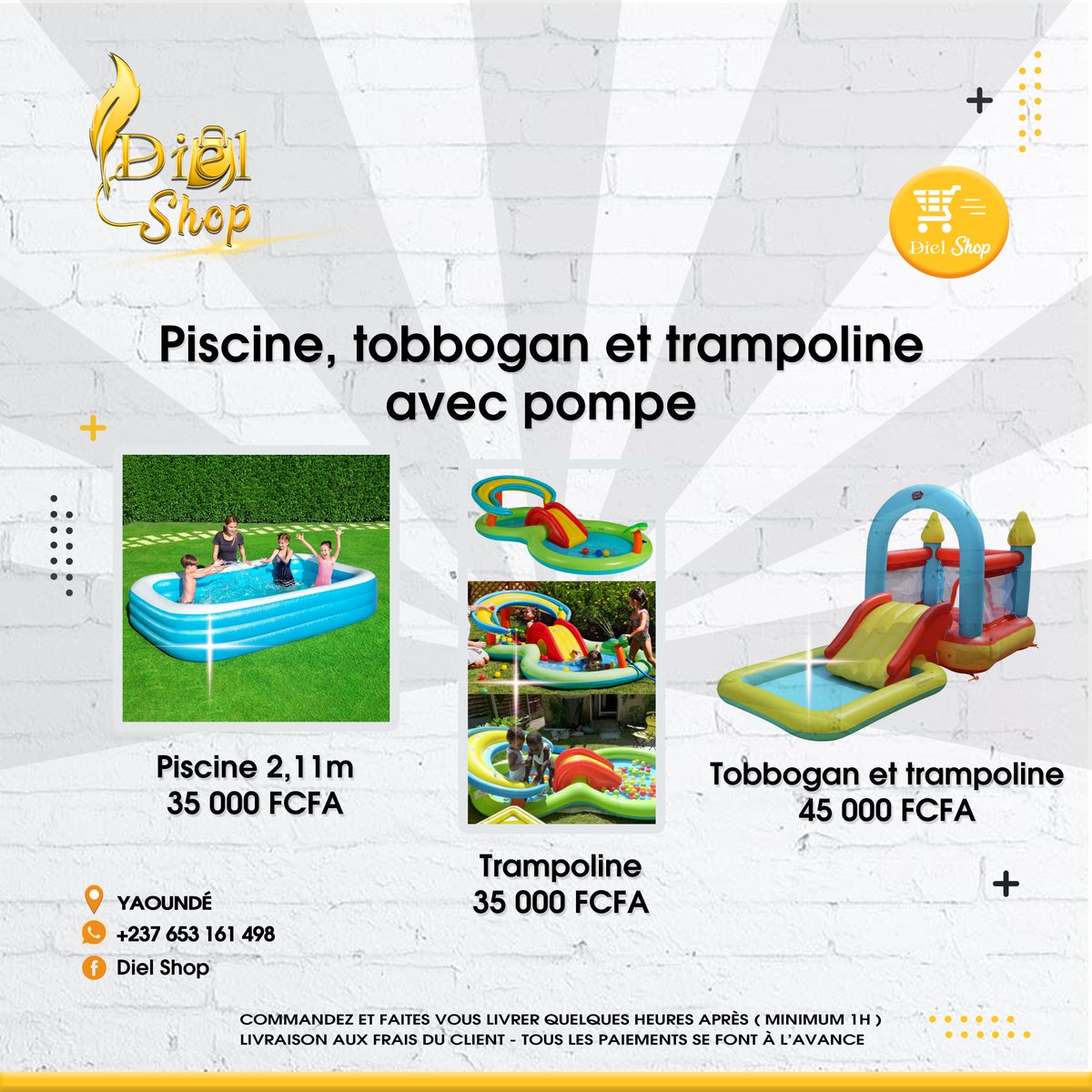 diel_shop's tweet photo. Ce sont les vacances...🤩 Trampolines, toboggan et piscines gonflables pour s'amuser en famille.😊✨

Livraison minimum 1h30 après avoir commandé.
Livraison aux frais du client.

Commandez dès maintenant et faites vous assistez via WhatsApp 

https://t.co/bYDG1UqMQl

#diel_shop https://t.co/kpZWoq3ona