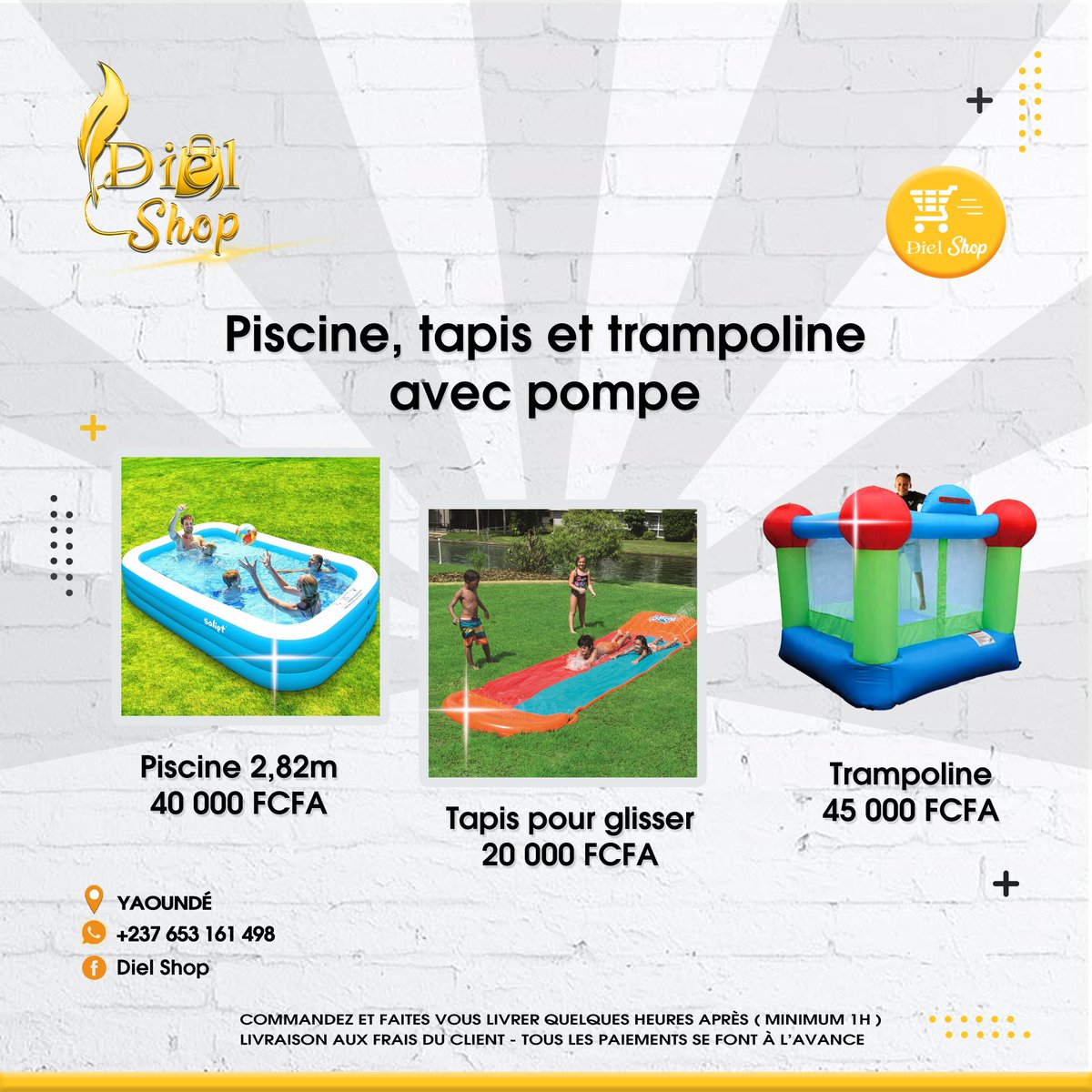diel_shop's tweet photo. Ce sont les vacances...🤩 Trampolines, toboggan et piscines gonflables pour s'amuser en famille.😊✨

Livraison minimum 1h30 après avoir commandé.
Livraison aux frais du client.

Commandez dès maintenant et faites vous assistez via WhatsApp 

https://t.co/bYDG1UqMQl

#diel_shop https://t.co/SqxHqoQR2g