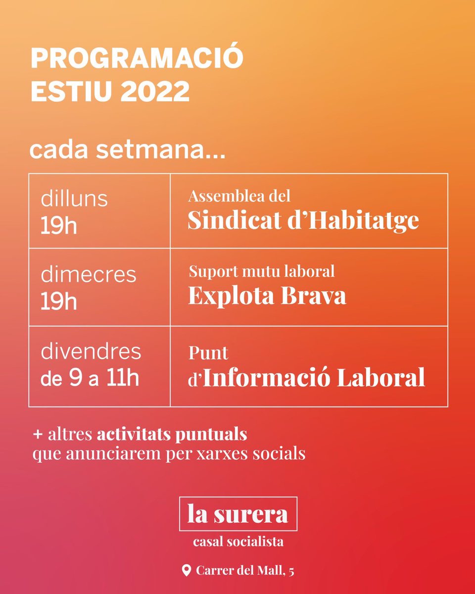📆 PROGRAMACIÓ SETMANAL DE LA SURERA

➕ altres activitats i jornades de treball que anirem anunciant.

Ens veiem al Casal Socialista al C/ del Mall nº5! ✊🏼