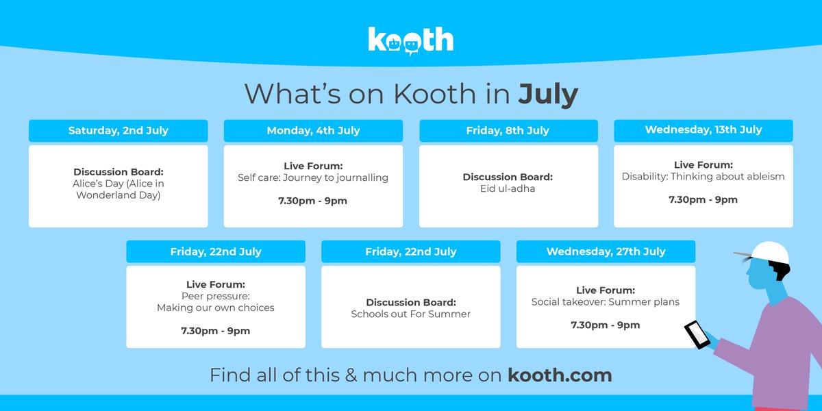July is here! Which means that a brand new month of Kooth.com live forums &amp; discussion boards are available. Get involved! 😀👇