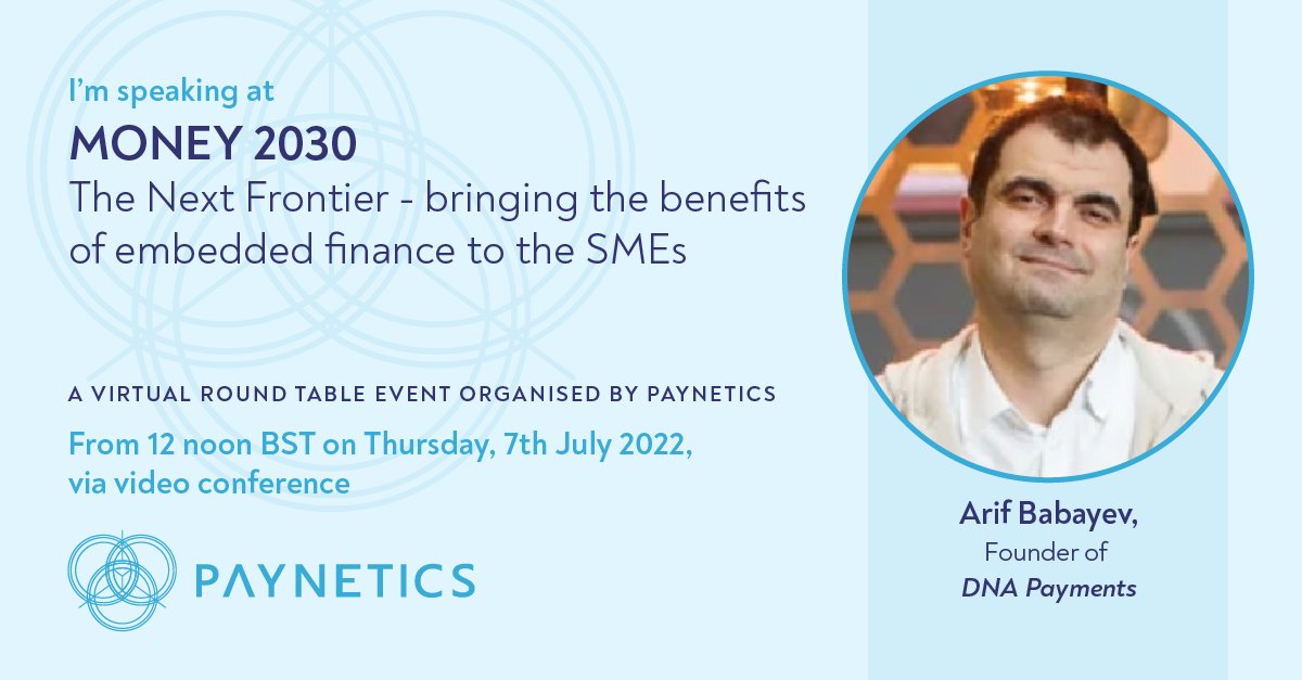 The last of our great speakers for our virtual panel event later this week is Arif Babayev of DNA Payments. If you want to hear how they are bringing the benefits of embedded #finance to #SMEs, alongside <a href="/MastercardUK/">MastercardUK</a> and <a href="/AccentureUK/">AccentureUK</a>, sign-up to join! bit.ly/3NMQxrE