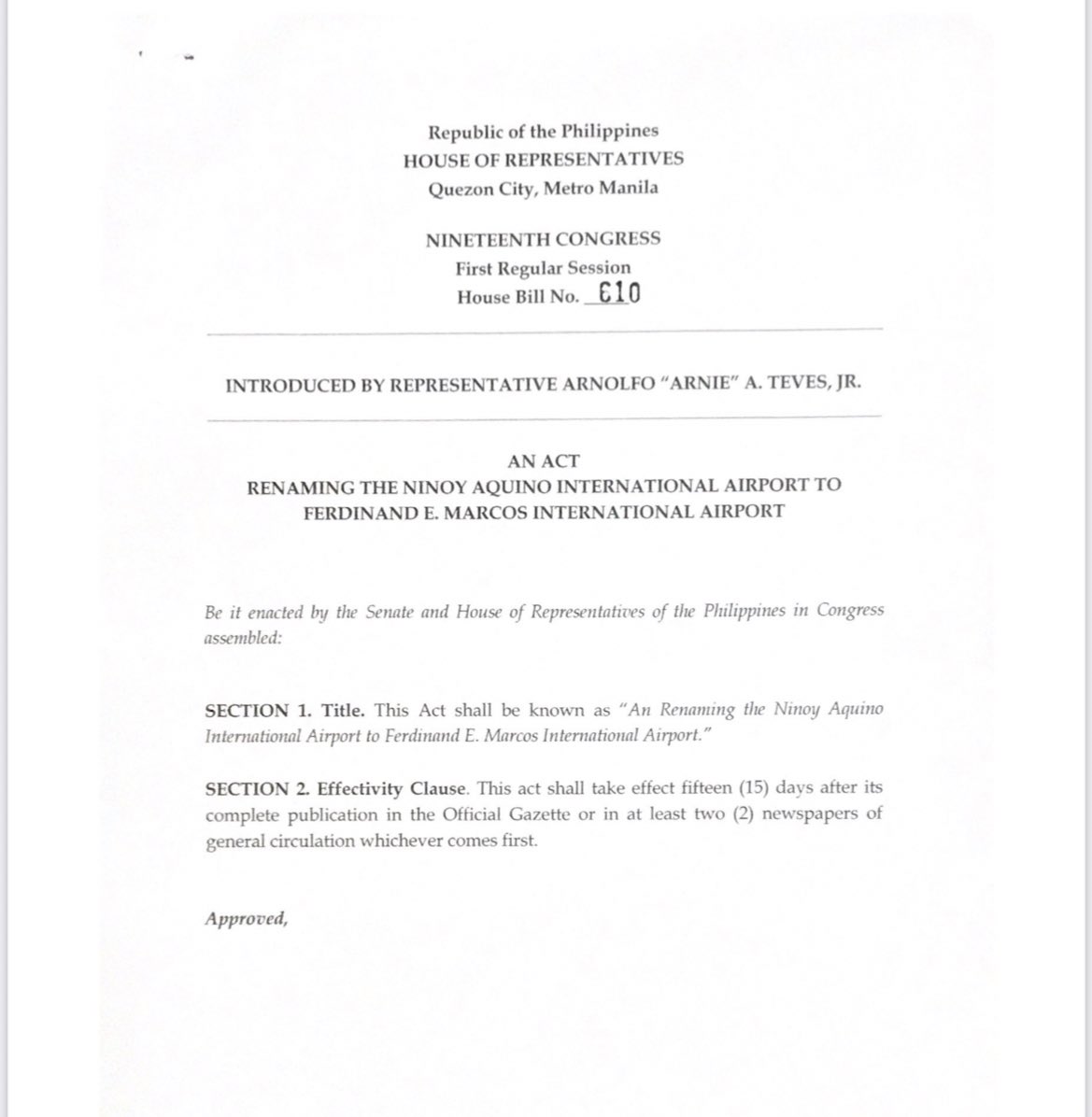 newswatchplusph's tweet image. READ: Negros Oriental Rep. Arnolfo Teves Jr. files House Bill 610 renaming the Ninoy Aquino International Airport (NAIA) to Ferdinand E. Marcos International Airport. | @xianneangel