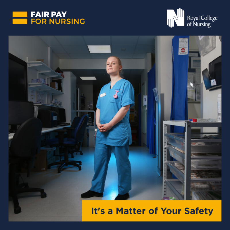theRCN's tweet photo. 8 in 10 shifts lack enough nursing staff to keep you safe. A crucial way to recruit and retain enough staff to the profession is through #FairPayForNursing. 

It's time to tell ministers enough is enough – years of underpayment must end, for the sake of the profession and public.