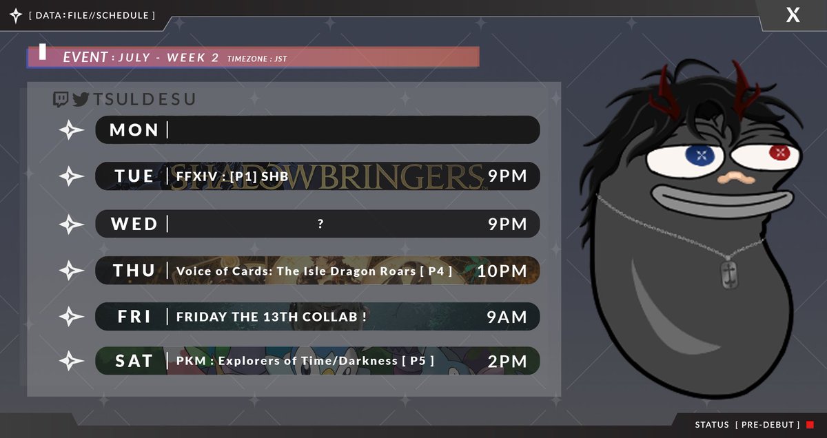 tsulitoo's tweet photo. ⚠️ 𝗠𝗜𝗦𝗦𝗜𝗢𝗡 𝗟𝗢𝗚𝗦 ⚠️ [ 07/4- 7/10 ]

I’m on time

🔎 Live: #Tsulive 
🔎 Art: #Tsuilust 
🔎 Memes: #Tsulul
🔎 NSFW: #Tsulust 

#Vtuber #ENVtuber https://t.co/9VewIzY0E3