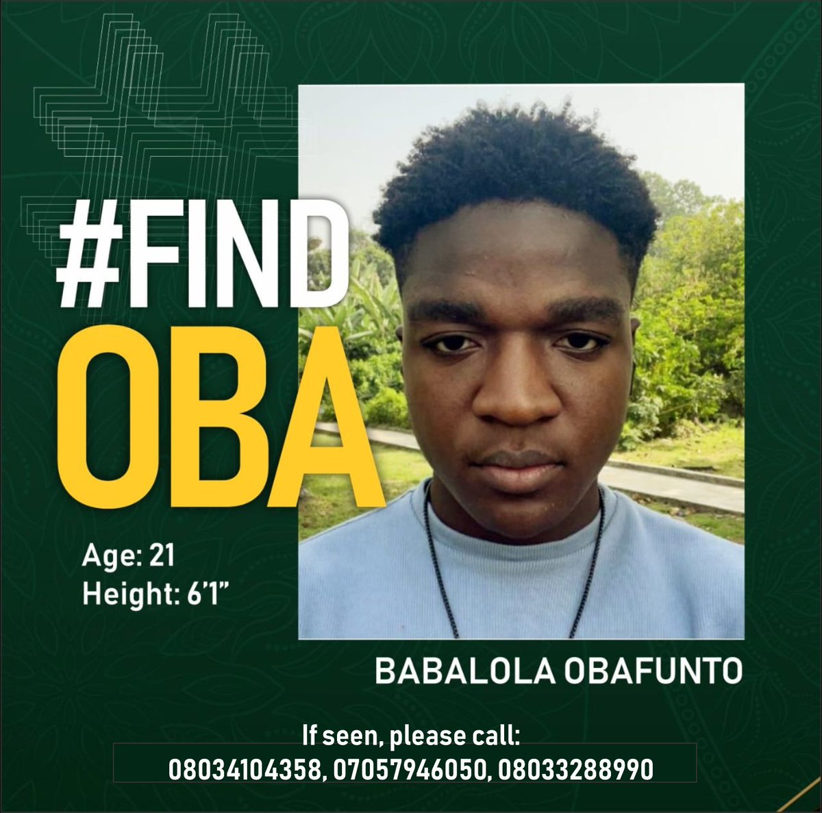 subomidokun's tweet photo. We're still looking for Oba and we are not giving up.
Say a prayer for him and help by retweeting🙏🏾
Thank you🤍
#FindOba https://t.co/kqIKmjP19d