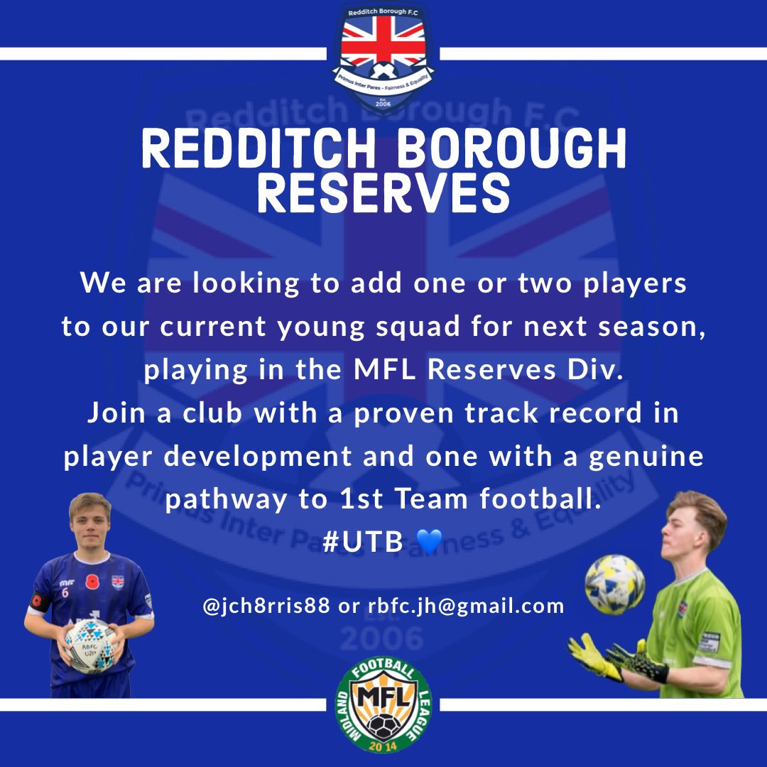 reddboroughfc's tweet photo. RESERVES | Pre-Season Training &amp; Trials continue (Wed &amp; Sat)

If you are young, ambitious and want to test yourself against some of the best non-league Reserve sides in the Midlands then get in touch for more info.

Manager: @jch8rris88 or RBFC.jh@gmail.com https://t.co/URqrDuFRst