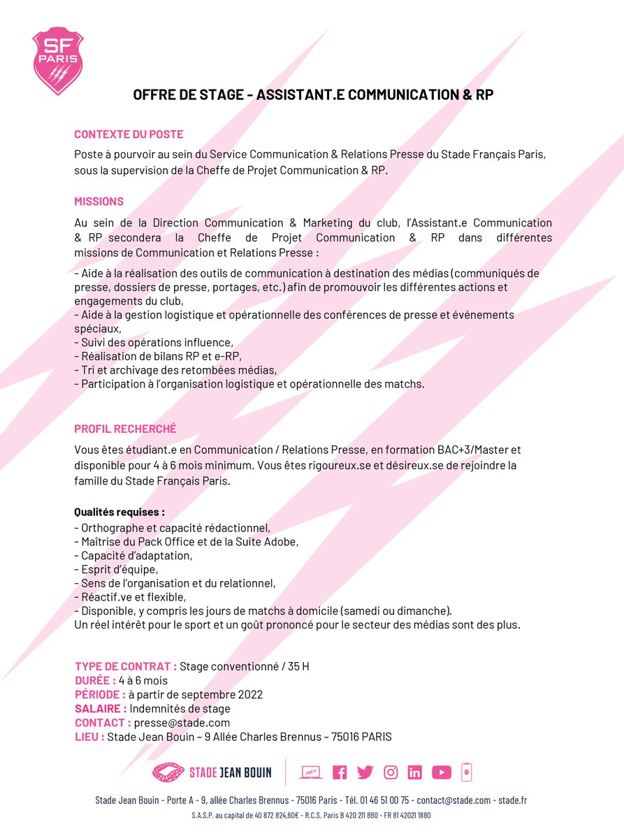 SFParisRugby's tweet photo. 🆕👤 Le Club recherche sa/son stagiaire assistant.e communication &amp; RP !

📧 Pour postuler : presse@stade.com https://t.co/x649zYeICk