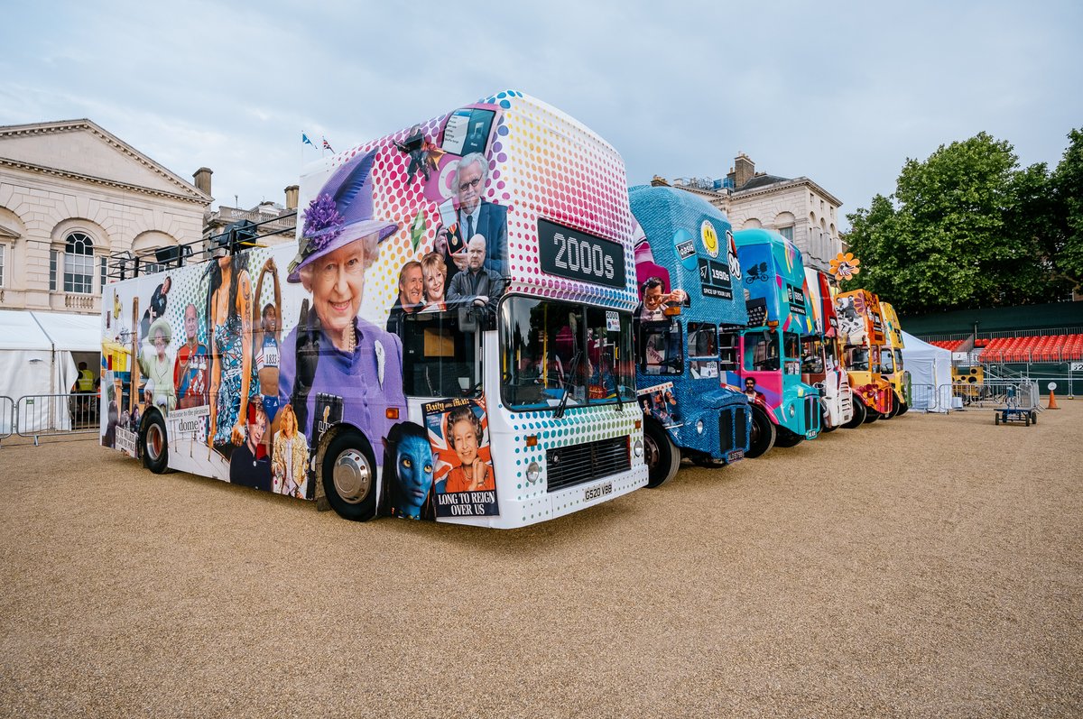 Coronation2023's tweet photo. Which bus did you want to catch? The #PlatinumPageant featured double deckers for each decade of The Queen's reign, carrying some of the most iconic stars of that time. Go on, pick a decade and a national treasure! https://t.co/sSEpaM9qB9