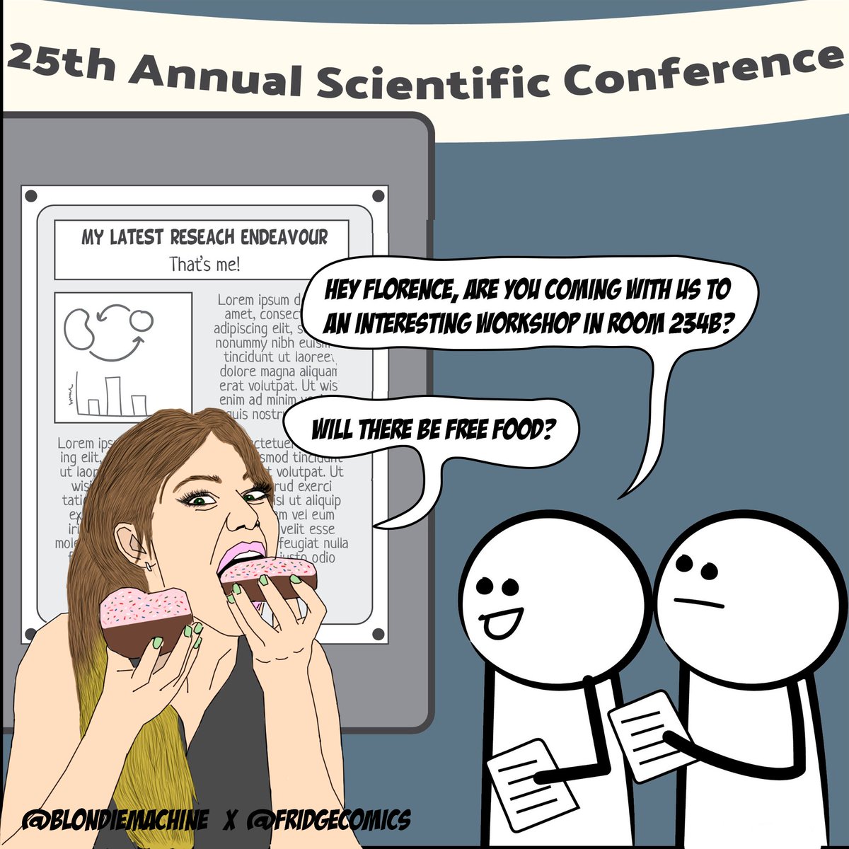 blondiemachine's tweet photo. 🤟🏻 It's Comic Tuesday again🤟🏻 

🧔🏻This week I have joined my friend @FridgeComics for a drawing collaboration.

🍩 What do I mean when I say I like conferences…

For more comics >> https://t.co/EdYxt6VR3y

#AcademicChatter #AcademicTwitter #ShutUpAndWrite #AcademicLife https://t.co/pbLGgl1JbO