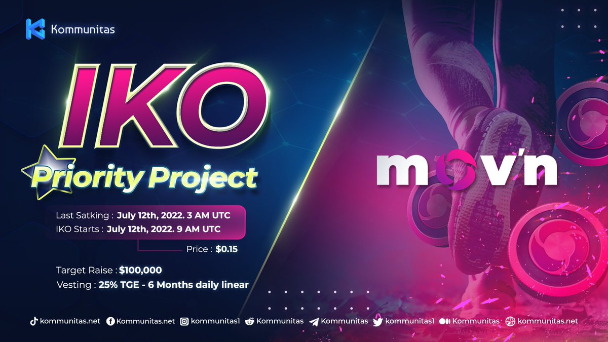 🥳 #Kommunitas is hyped to carry out our Priority #IKO with @MOVN_world 

🚶 MOVN is the Superapp of Sports, a #MoveToEarn web3 platform where players can make awesome earnings for being physically active. Read more: link.medium.com/FFefUPkCprb