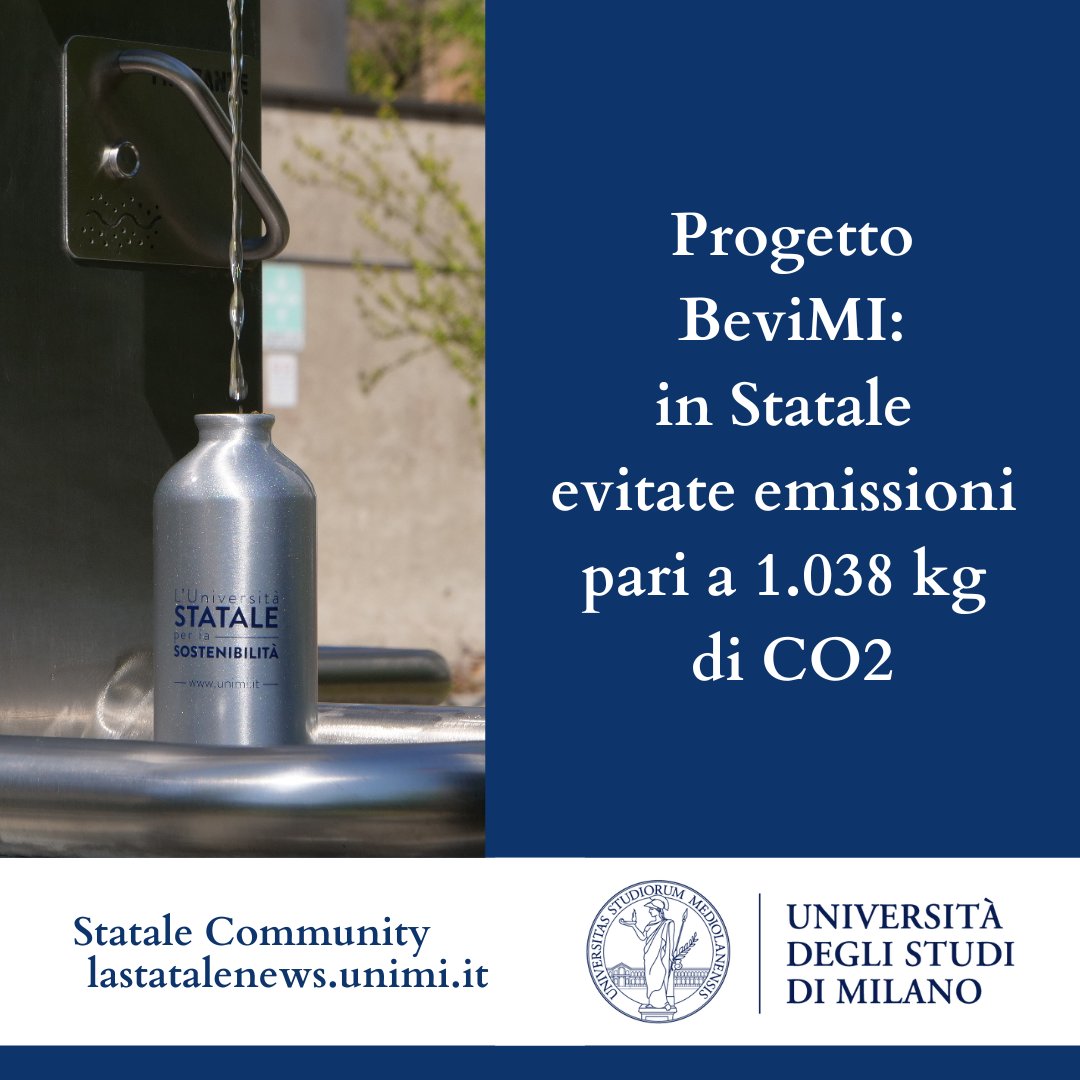 LaStatale's tweet photo. Progetto #BeviMi. I numeri de @LaStatale: 4.852,5 litri d'acqua erogati dalle casette dell'acqua; l'equivalente di 9.705 bottigliette PET da 0,5 litri ‘risparmiate’ all’ambiente; per un totale di 1.038 kg di CO2 di emissioni evitate👉 https://t.co/bPfDMpAnuO https://t.co/hyewp63QXz