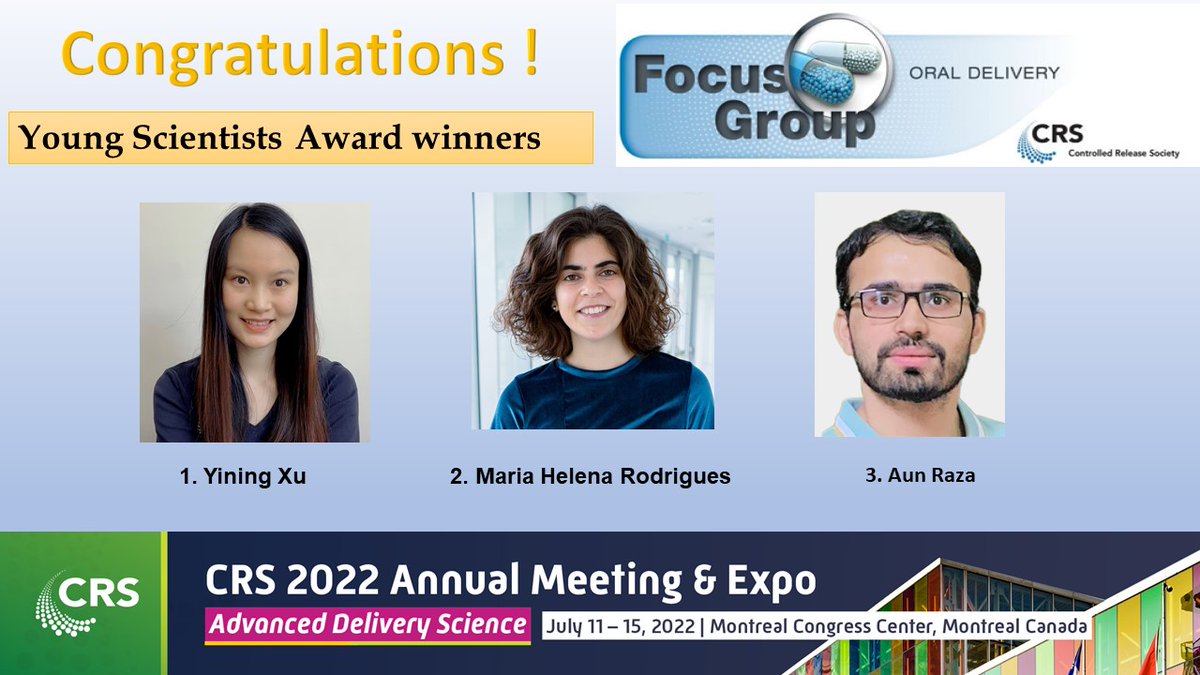 CRS Oral Delivery Focus Group (@crs_fg_oral) on Twitter photo Congratulations to🥳🎉 our <a href="/CRS_FG_Oral/">CRS Oral Delivery Focus Group</a> #Flash talk competition winners @ yiningxu <a href="/MHelenaMacedo6/">Helena Macedo</a> and <a href="/uq_AunRaza/">Dr Aun Raza</a> . Lookin forward to Celebrate in Montreal <a href="/CRSScience/">Controlled Release Society</a> 2022 annual meeting! Congratulations to🥳🎉 our <a href="/CRS_FG_Oral/">CRS Oral Delivery Focus Group</a> #Flash talk competition winners @ yiningxu <a href="/MHelenaMacedo6/">Helena Macedo</a> and <a href="/uq_AunRaza/">Dr Aun Raza</a> . Lookin forward to Celebrate in Montreal <a href="/CRSScience/">Controlled Release Society</a> 2022 annual meeting!