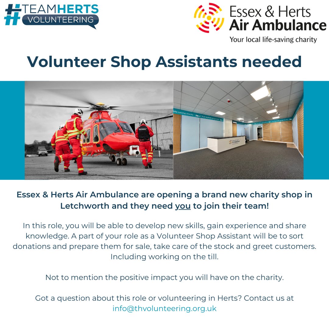 Are you looking for a flexible volunteer role? Essex and Herts Air Ambulance are looking for Volunteer Shop Assistants for their brand new charity shop opening soon in Letchworth.

You can sign up for this role here govolherts.org.uk/o/Essex--Herts…

<a href="/EHAAT_/">ehaat_</a>