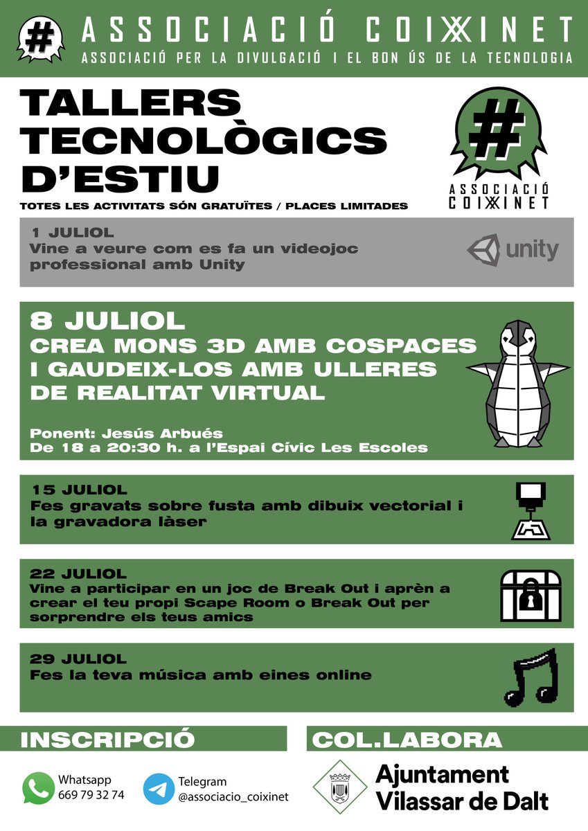 vilassardedalt's tweet photo. Dins la sèrie de tallers d'estiu que ofereix @coixinet, aquest divendres pots descobrir com crear mons 3D amb Cospaces i gaudir-los amb ulleres de realitat virtual!
🎟 T'hi pots inscriure per WhatsApp al 669 79 32 74 o per Telegram a associacio_coixinet

https://t.co/gv4QcW2Dn6 https://t.co/ixd0inkOyp