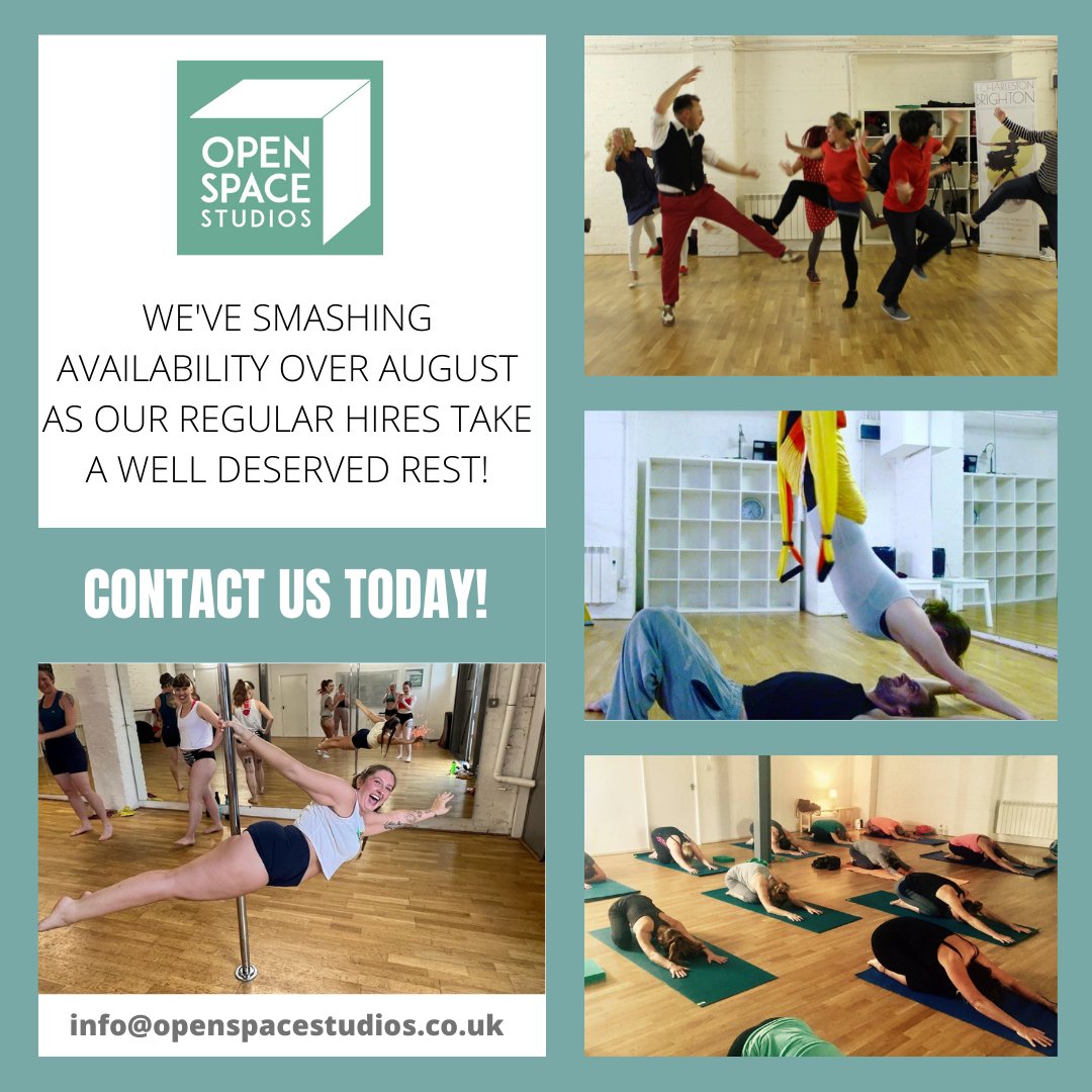 OpenSpaceHove's tweet photo. Lot's of availability in August as our regular hires take a well-deserved break for the summer. 
Contact us today at info@openspacestudios.co.uk to book yourself in 🙂
August Availability HERE: https://t.co/m4nZ4nTqo2... https://t.co/wTCVcz1FD0
