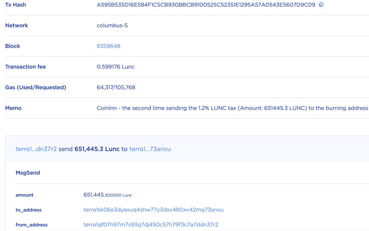 Burning Time! Just sent #LUNC to the burning address, come on #Lunccommunity  we can do better than this! let's impress <a href="/cz_binance/">CZ 🔶 BNB</a> so he may change his mind to implement the #prop3568  #coininnluncburn <a href="/VegasMorph/">Vegas</a> #luncburn finder.terra.money/classic/tx/A59…