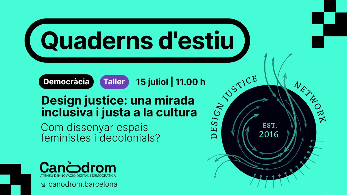 🔴 Supremacisme blanc
❌ Capacitisme
⚠️ Capitalisme
‼️ Colonialisme

Aprèn a aplicar la #DesignJustice en la cultura i els espais comunitaris per desmantellar les desigualtats estructurals que tenim interioritzades.

🗓️ 15.07 a les 11h
ℹ️ bit.ly/QuadernsDesign…