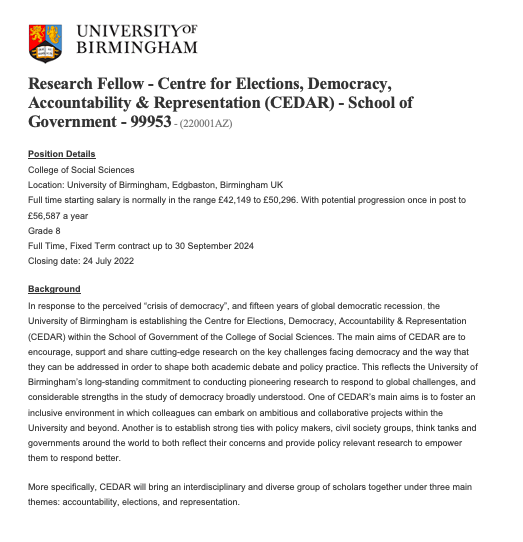 Nic Cheeseman (@fromagehomme) on Twitter photo #Job
Delighted to announce that the University of Birmingham is launching a new Centre for Elections, Democracy, Accountability and Representation - CEDAR
We are also recruiting a two year CEDAR Post-Doc
Exciting times at <a href="/unibirmingham/">Uni of Birmingham</a>
Come join us!
bham.taleo.net/careersection/… #Job
Delighted to announce that the University of Birmingham is launching a new Centre for Elections, Democracy, Accountability and Representation - CEDAR
We are also recruiting a two year CEDAR Post-Doc
Exciting times at <a href="/unibirmingham/">Uni of Birmingham</a>
Come join us!
bham.taleo.net/careersection/…