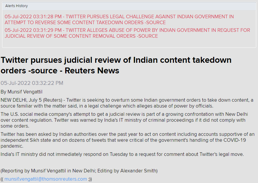 BREAKING:
Twitter is suing the Indian government. It is seeking to quash some content removal orders issued to the social media firm, alleging abuse of power by the government. 

Twitter is attempting to get a judicial review of some of these takedown orders. Developing story...