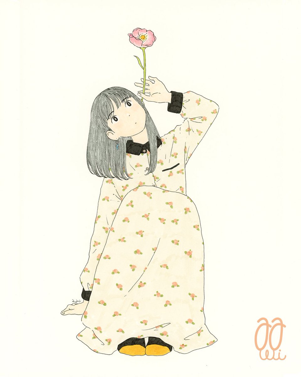 1girl solo signature flower grey hair long sleeves dress  illustration images