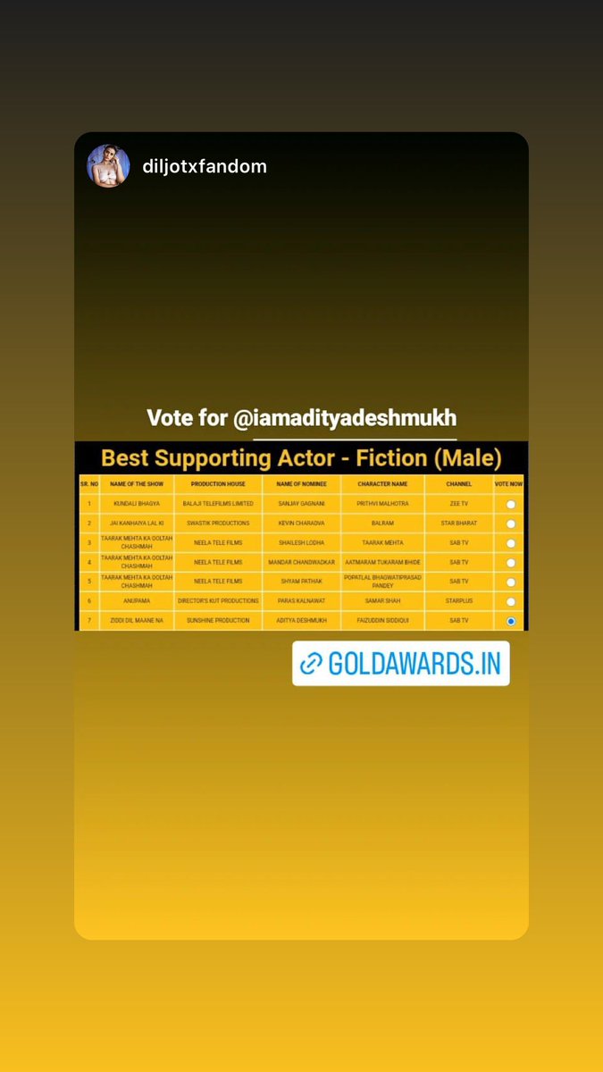 Hi guys I’ve been nominated for <a href="/goldawardsTV/">Gold Awards</a> kindly vote for me #bestactorinasupportingrole