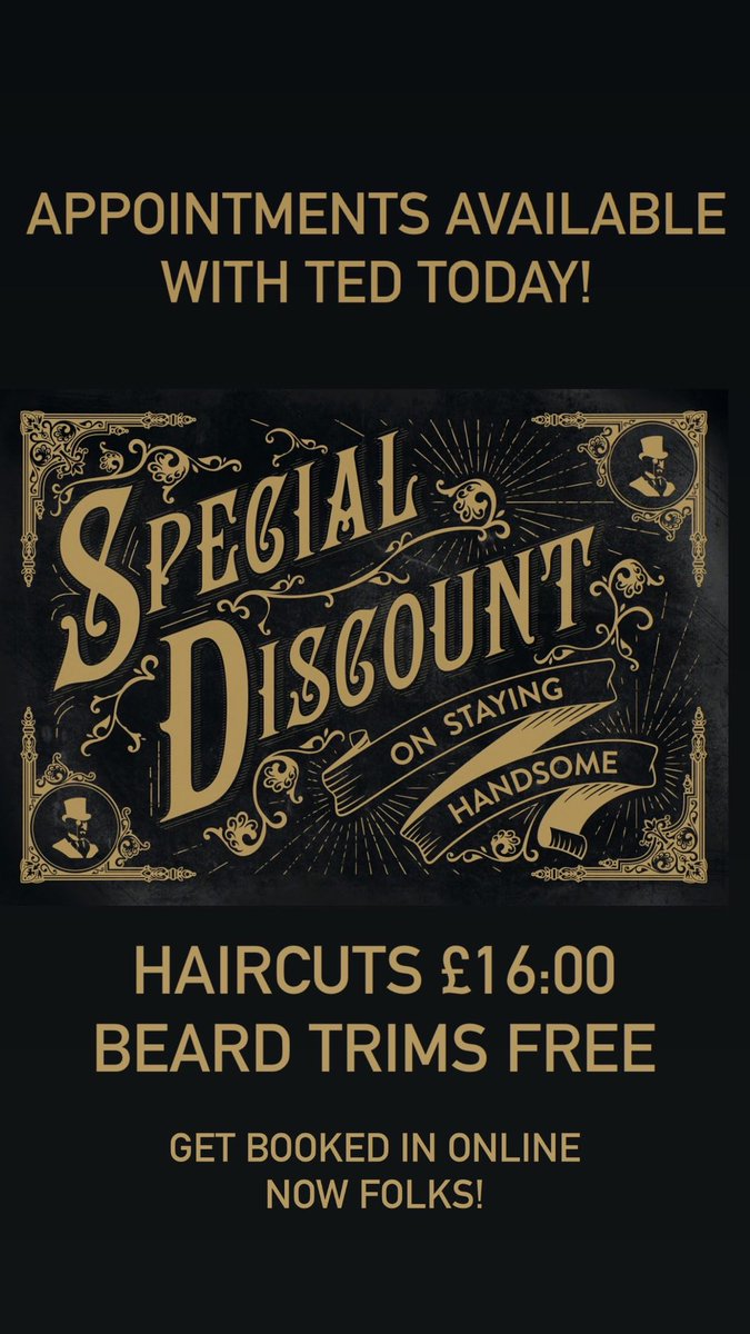 Discount haircuts available with our apprentice Ted

Our #apprentice Ted is now offering
£16.00 #haircuts. Beard trims are still #FREE! We would like to say a big thank you to everyone who has been supporting him through his #apprenticeship, and we hope you will continue to do so