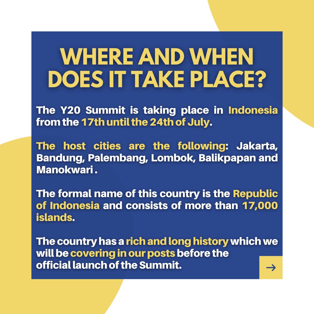 YELtweets's tweet photo. July is here! ๐
ย
The Y20 Summit is taking place soon ๐
ย
Stay tuned to our socials to follow the YEL delegation, on their journey to the Y20 Summit in Indonesia ๐ฎ๐ฉ
#y20 #g20 #youth #studentleaders #transcultural #youthworkers #realtopics #nongovernmentalorganization https://t.co/D1HY4EP15C