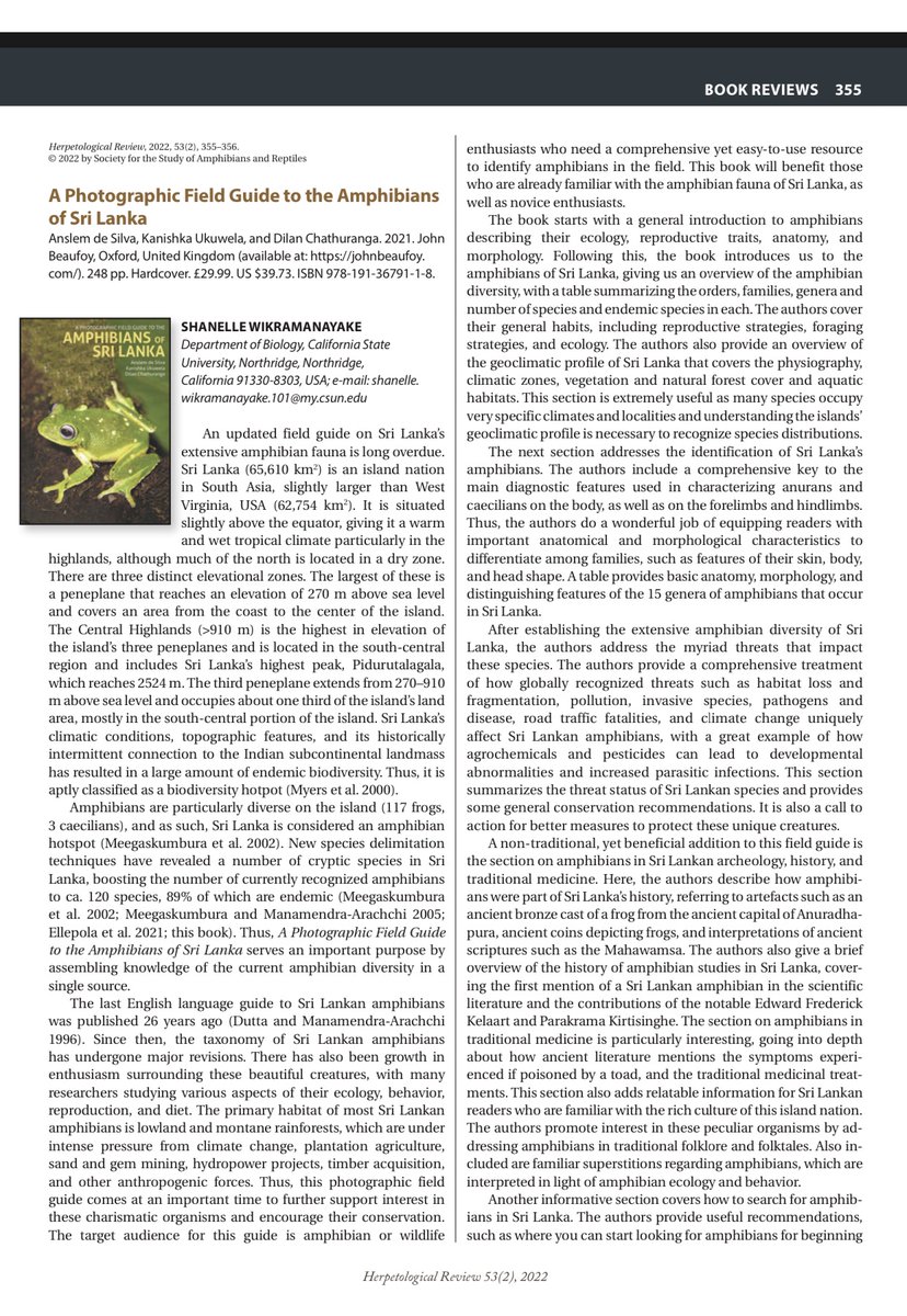 JB_Publishing's tweet photo. SRI LANKA'S AMPHIBIANS SHINE! Congrats Anslem, Kaniska & Dilan for the glowing #bookreview of ‘A Photographic Field Guide to the Amphibians of Sri Lanka’, in June's #HerpetologicalReview @ssarherps Out now!
#Amphibians #photographicguide #fieldguide #SriLanka #SriLankanwildlife https://t.co/Ufnh8Iyena