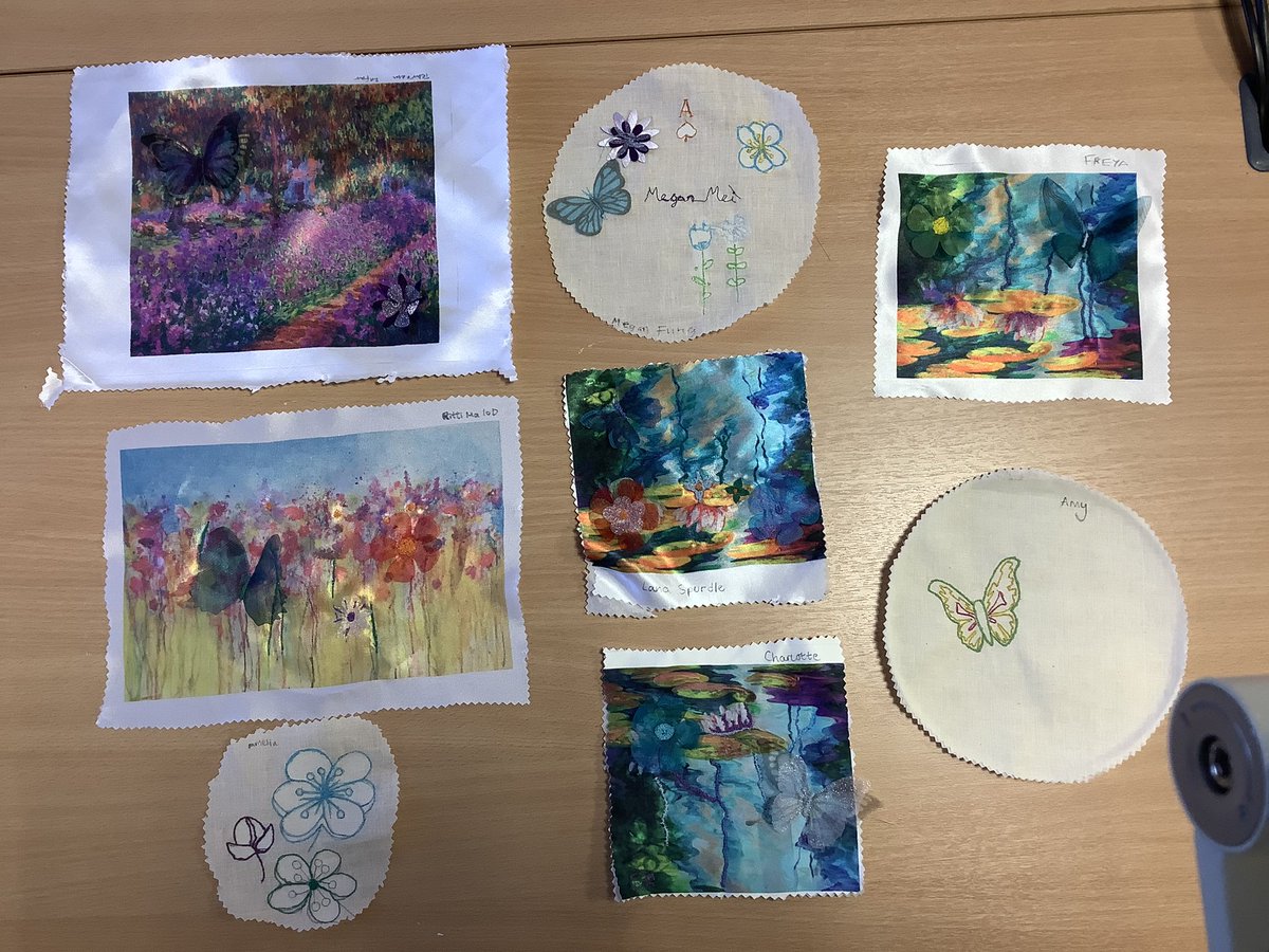 BSGDDesignTech's tweet photo. Y10 Textiles Taster, experimenting with freehand machine embroidery, sublimation printed and laser cut motifs. #TuesdayMotivation #BoltonDesignTech #BoltonY10 #BoltonTextiles https://t.co/lDihqg0jHZ