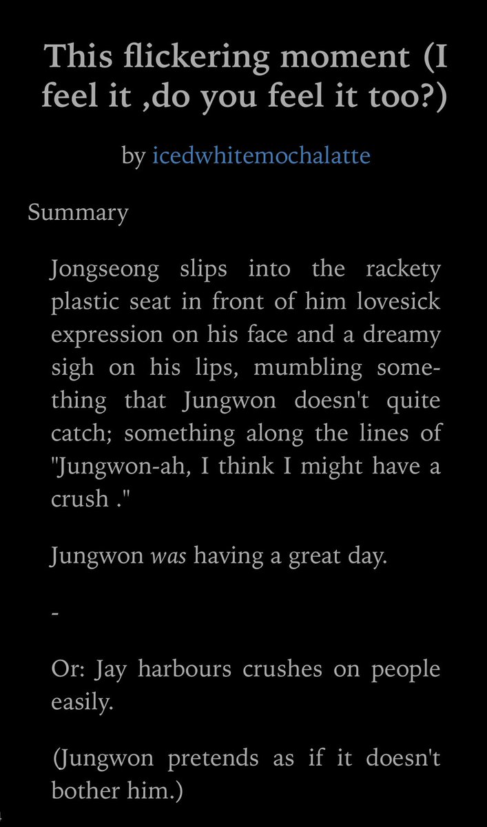 this flickering moment (i feel it, do you feel it too?)
✒️ icedwhitemochalatte
⌨️ 7k
🤍☁️💥 | oneshot, confessions, one-sided pining, jealousy, misunderstandings, happy endings

love the canon details here!

link: archiveofourown.org/works/35523880