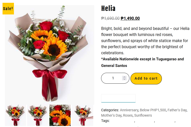 Helia - FLOWERSHOPPH.COM Helia flower bouquet with luminous red roses, sunflowers, and sprays of white statice make for the perfect bouquet worthy of the brightest of celebrations.  flowershopph.com/shop/helia/ #flowershopph1