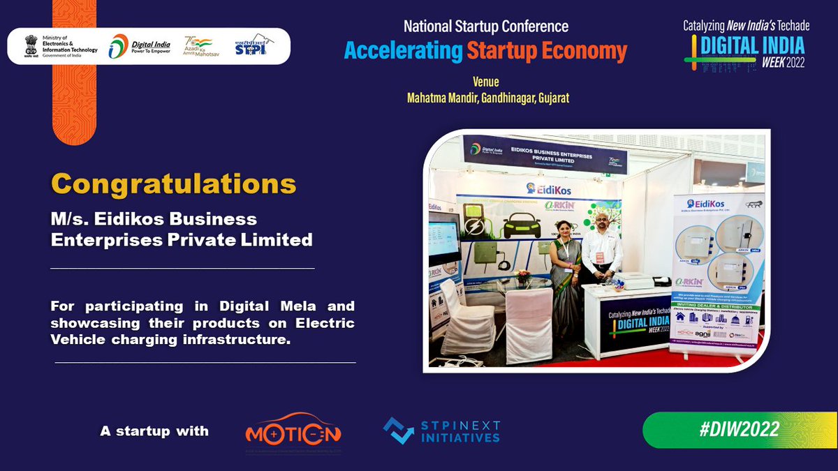 Congratulations M/s. Eidikos Business Enterprises Private Limited, a #startup with @STPI_MOTION for participating in Digital Mela and showcasing their products. 
#DIW2022 #StartupConference #STPIINDIA
@AshwiniVaishnaw @Rajeev_GoI @alkesh12sharma
@arvindtw